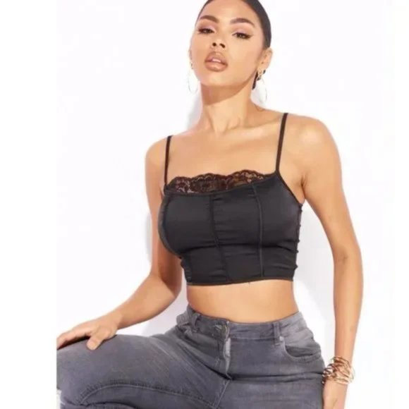 Tops - Black Satin Silk Lace Trim Sleeveless Square Neck Crop Top